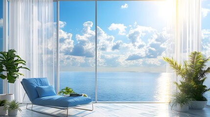 Fototapeta premium Oceanfront balcony view, floor-to-ceiling glass window, azure blue sky, fluffy white clouds, sparkling turquoise sea, sun reflection on water, modern lounge chair with blue cushions.