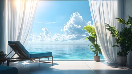Fototapeta premium Oceanfront balcony view, floor-to-ceiling glass window, azure blue sky, fluffy white clouds, sparkling turquoise sea, sun reflection on water, modern lounge chair with blue cushions.