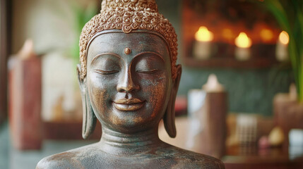 A statue of a Buddha with a serene expression. The statue is surrounded by candles and a potted plant