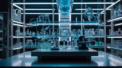 A lab with many glass beakers and other scientific equipment. The lab is very bright and clean
