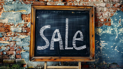 Obraz premium Chalkboard announcing a sale hanging on a weathered brick wall