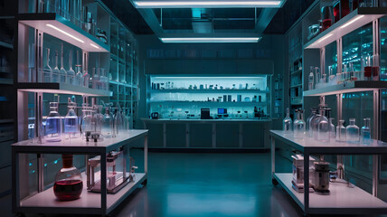 Fototapeta premium A lab with many glass beakers and other scientific equipment. The lab is very bright and clean