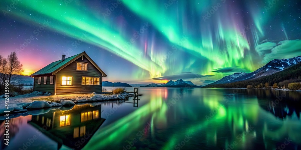 Sticker Lakeside cabin with stunning Aurora backdrop , lakeside, cabin, Aurora, Northern Lights, nature, tranquil, serene