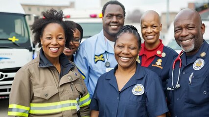 Group of diverse healthcare professionals smiling outdoors, perfect for medical websites, health awareness campaigns, and community health projects.