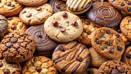 Close up of a variety of delicious cookies , assorted, baked goods, treats, dessert, sweet, snack, chocolate chip