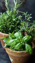 bright greens and serene moods against a dark background. Brown pots and grey tones create a calm environment, while pink flowers bring bright colours to it.