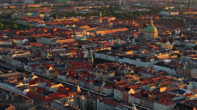 Aerial drone view of Amalienborg Palace, Frederik's Church and the city centre of Copenhagen, Denmark