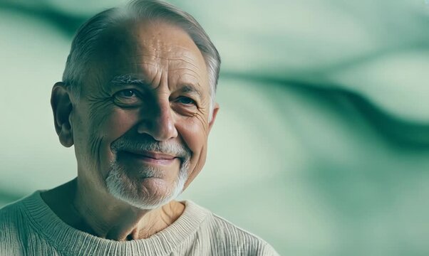 Medium shot portrait video of a Swedish man in his 70s wearing a simple tunic against an abstract background