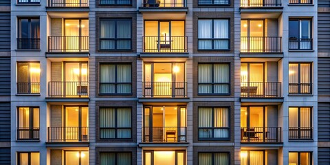 Light on in open window of large residential building, apartment, multi-story, glowing, illuminated, architecture, urban