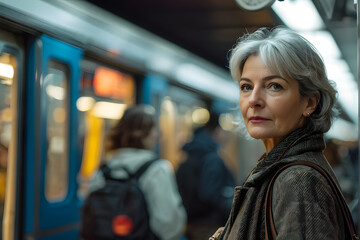 A woman stands on a subway platform with a backpack and scarf