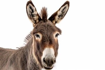 A donkey with brown ears and a white face is staring at the camera. The image has a calm and peaceful mood, as the donkey appears to be content and relaxed