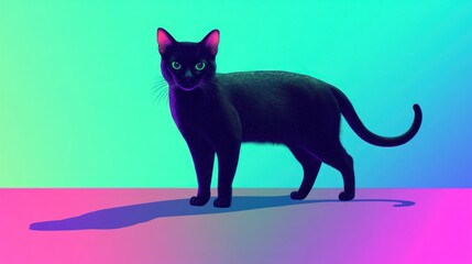 Fototapeta premium Black Cat Standing Against a Neon Background