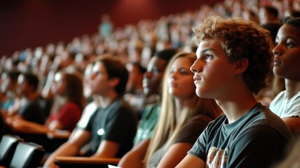Engaged Freshmen Attending Welcome Speech in Auditorium with Rapt Attention