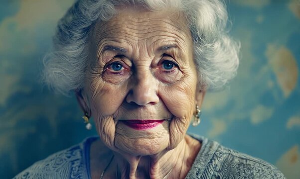 Medium shot portrait video of a 100-year-old elderly Swedish woman against an abstract background