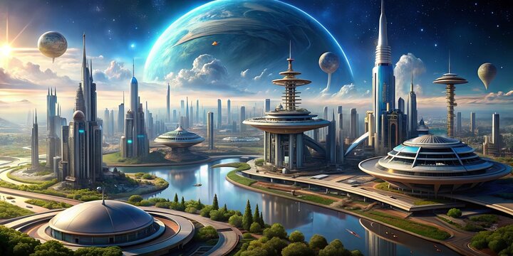 Futuristic concept of a bustling space settlement with advanced technology , space, settlement, future