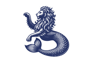 Sea-lion. Merlion.  Mythical sea lion. Lion with a fish tail. vintage engraving vector illustration. Logo, print, emblem