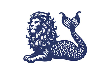 Sea-lion. Merlion. Mythical sea lion. Lion with a fish tail. vintage engraving vector illustration. Logo, print, emblem