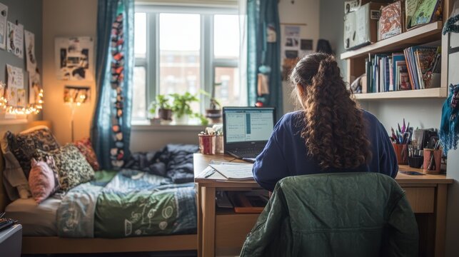 Contemplative College Student Journaling in Dorm Room Setting, Reflecting on Thoughts and Emotions