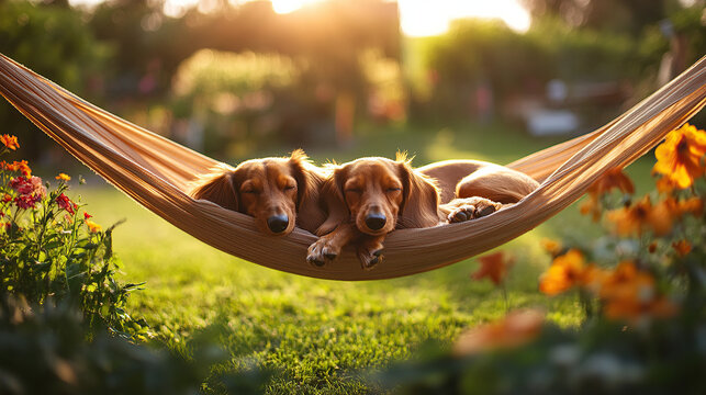 Two dachshunds lying together in a hammoc