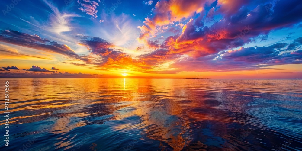 Poster Sunset over the calm ocean with vibrant colors reflecting on the water surface, sunset, ocean, beauty, tranquil, horizon