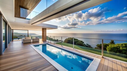 Fototapeta premium Balcony overlooking the ocean and pool in a modern villa, balcony, ocean view, pool view, modern villa, luxury