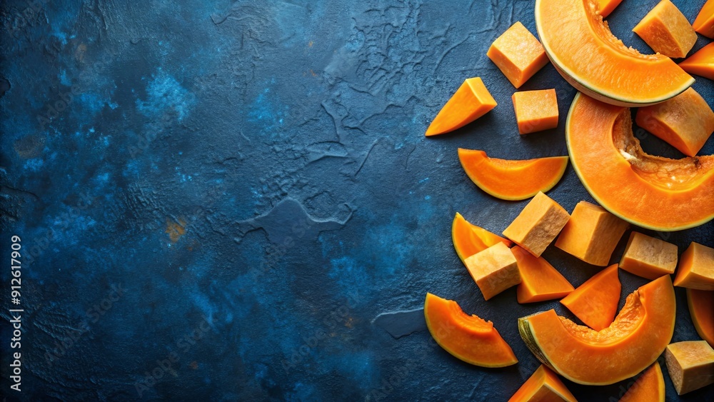 Sticker Sliced pumpkin pieces on a dark blue background, pumpkin, slices, autumn, harvest, vegetables, orange, food, seasonal, fall