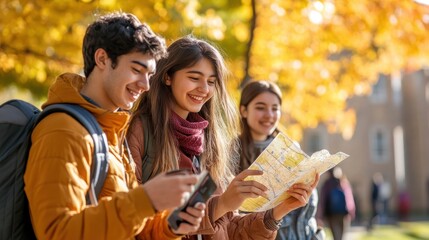 Bright Autumn Day: Freshmen Students Exploring College Campus, Taking Photos, and Finding Classes with Maps