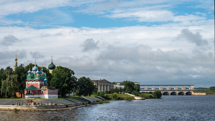 View of Uglich Kremlin from the Volga river. Golden Ring of Russia. The Church of Dimitry on the...