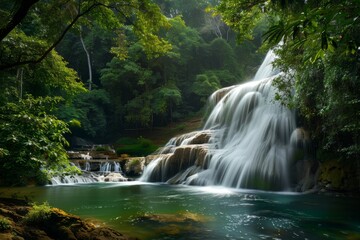 Obraz premium A peaceful nature scene featuring a serene waterfall cascading into a crystal-clear pool, surrounded by a lush forest bathed in sunlight