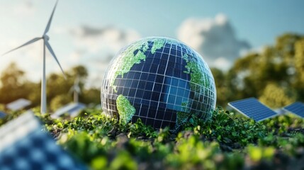 Abstract 3D globe with solar panels and wind turbines, highlighting eco-friendly technology.