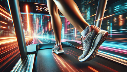A woman in futuristic sneakers runs on a treadmill through a neon-lit digital city.
