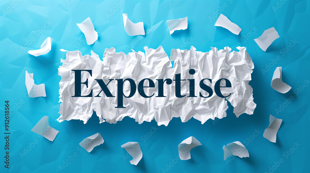 Poster expertise word on crumpled paper surrounded by paper bits, set against a blue backdrop