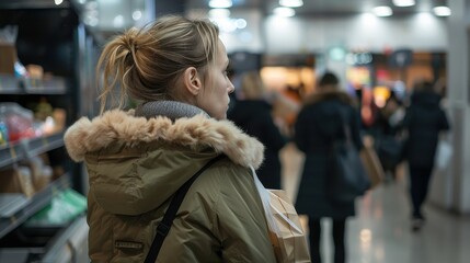 A woman in a warm jacket looks around while carrying shopping bags in a vibrant mall atmosphere
