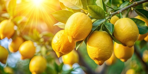Ripe sweet juicy lemons on the tree close up, lemon harvest in a fruit garden with sunlight in the background, ripe, sweet, juicy, lemons
