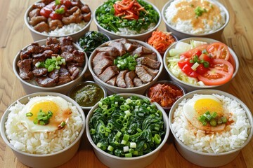Assortment of Rice Bowls with Various Toppings
