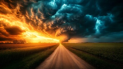 Dramatic Sunset with Storm Clouds and Country Road.