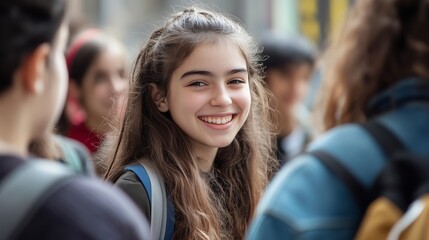 Fototapeta premium A Smiling Girl in a Joyful Outdoor Gathering with Friends