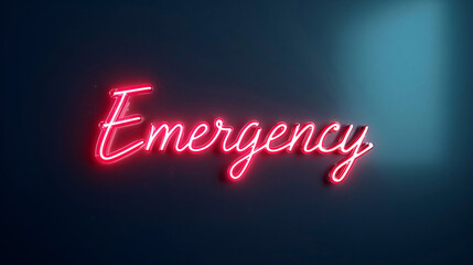 Glowing red neon sign with the word emergency against a dark background