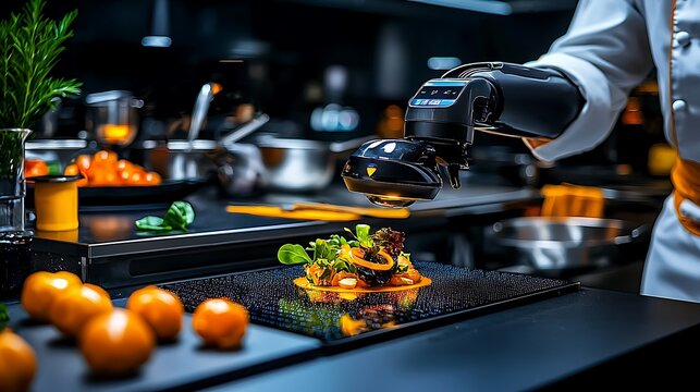 A chef uses modern technology to elevate a gourmet dish, showcasing culinary creativity in a professional kitchen environment.
