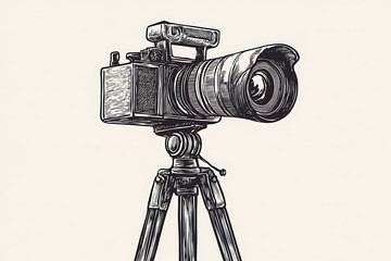 Retro movie camera and film strip. Black and white drawing. Vintage vector illustration