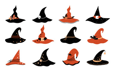 Cute big collection of hand drawn witch hats. Magic set of hats for a Halloween cartoon party. Illustration isolated on white background.