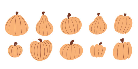 Autumn pumpkin cartoon set for Thanksgiving and Halloween. Autumn harvest pumpkins. Cute vector hand drawn illustration isolated on white background.