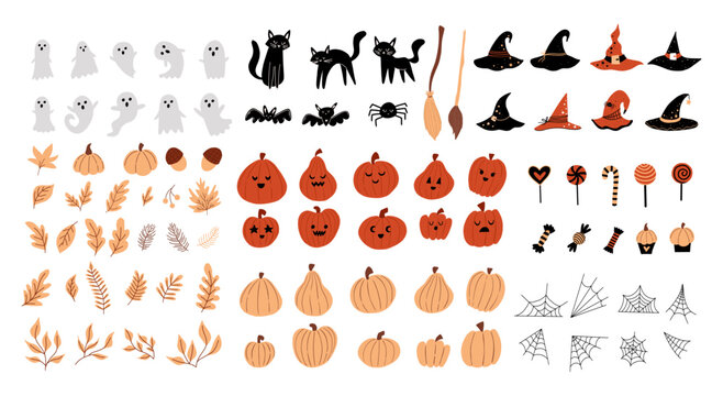 Big vector collection of cute and cozy autumn halloween elements hand drawn. Traditional illustration of autumn and halloween attributes ghosts, pumpkins, black cat, web, witch hats, autumn foliage