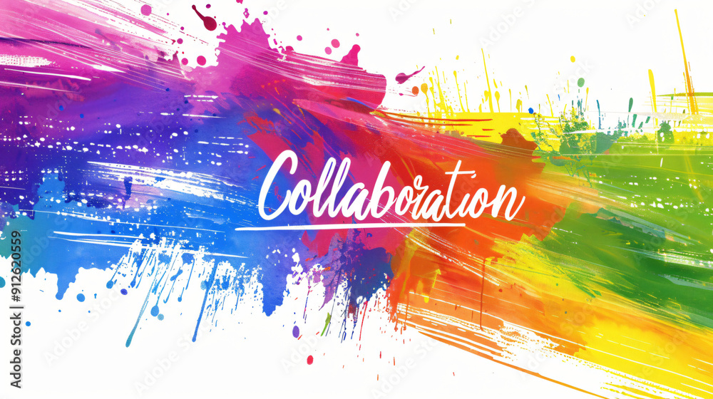 Poster colorful abstract background with painted word collaboration and artistic brush strokes and splatter
