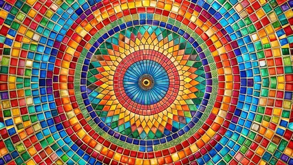 Colorful radial mosaic pattern design with vibrant colors, mosaic, radial, pattern, colorful, vibrant, dynamic, geometric