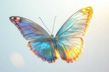 iridescent butterfly in midflight against a pure white background delicate wings shimmer with vibrant blue yellow and green hues in a graceful pose