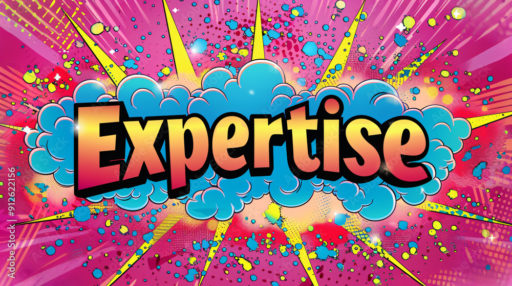 Poster expertise comic book style phrase on explosion background with radial lines and halftone dots, ideal