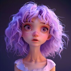 A captivating animated portrait of a young girl with large, expressive purple eyes and a look of wonder, her hair vibrant purple.
