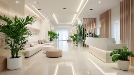 Inside empty hospital hall with green plants and white furniture, luxury interior of modern clinic, shiny marble floor. Concept of design, office, business, space