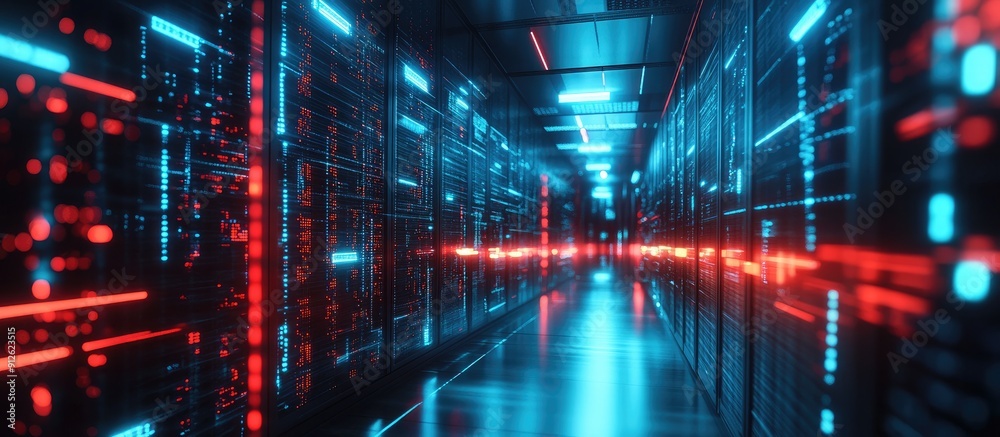 Poster dynamic data flow in a cutting edge server room autonomous robot in motion technology driven 3d rend